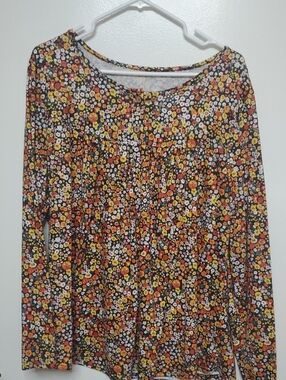 Floral Long-Sleeve Peasant Top - Black with Yellow & Orange Floral